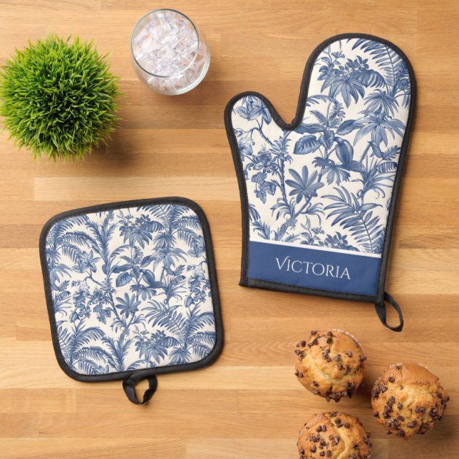 Set De Manoplas Blue Tropical Palm Tree Toile Personalizado (De arriba hacia abajo)