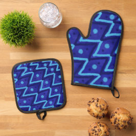 Set De Manoplas Blue Zig Zags Dots Funky Pattern