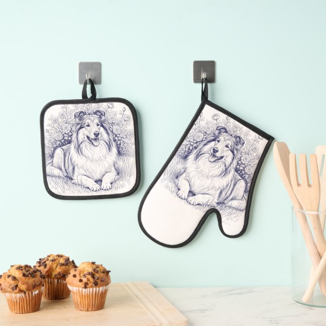 Set De Manoplas Boceto de Sheltie y flores (Insitu (colgante))