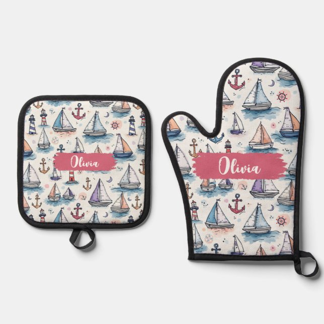 Set De Manoplas Bocetos soñadores de veleros anclas y faros (Anverso)
