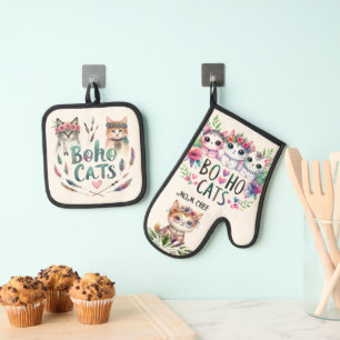 Set De Manoplas BOHO Cats Retirement Mom Grandma Wife Personalizad