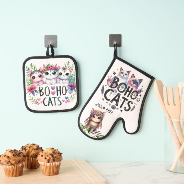 Set De Manoplas BOHO Cats Retirement Mom Grandma Wife Personalizad (Insitu (colgante))
