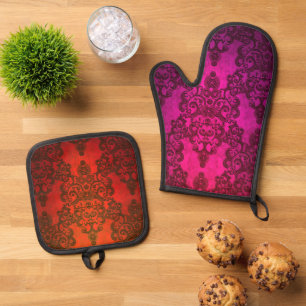 Set De Manoplas Boho Damask Vibrante Rosa y Rojo Patrón