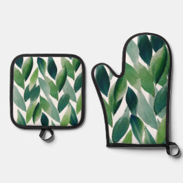 Set De Manoplas Boho Green Leaves acuarela pintada a mano