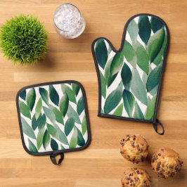 Set De Manoplas Boho Green Leaves acuarela pintada a mano