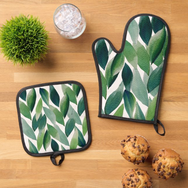 Set De Manoplas Boho Green Leaves acuarela pintada a mano (De arriba hacia abajo)