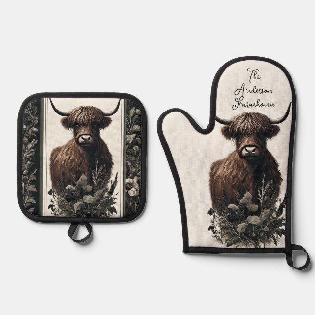 Set De Manoplas Boho Highland Cow (Anverso)