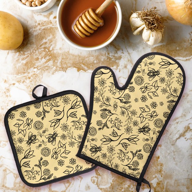 Set De Manoplas Boho Summer Floral Honey Patrón de Abeja Amarillo (Subido por el creador)
