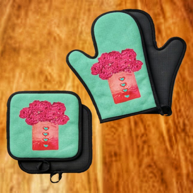 Set De Manoplas Bolsa De Rosas-II (Prepare a Valentine's Day feast, with this Bag Of Roses Oven Mitt & Pot Holder Set!)