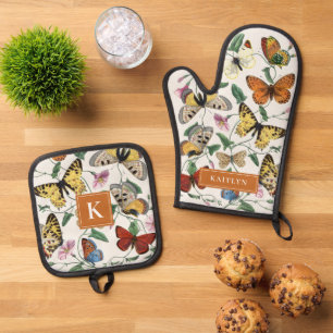 Set De Manoplas Bonito Mariposas Vintage Monograma Nombre