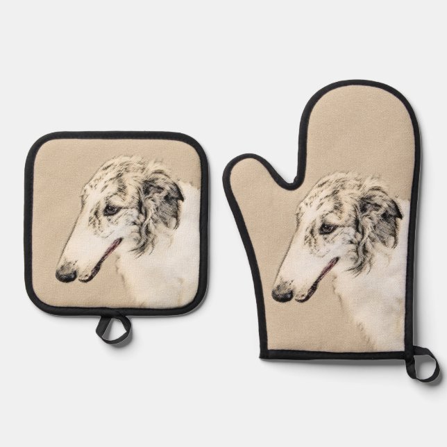 Set De Manoplas Borzoi Silver Brindle Pintura de perro lobo (Anverso)