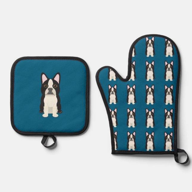 Set De Manoplas Boston Terrier azul (Anverso)