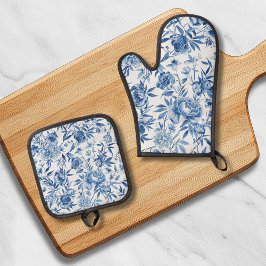 Set De Manoplas Botánico floral de acuarela de chinoiserie azul