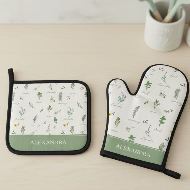 Set De Manoplas Botánico Lindo Personalizado (sweet cottagecore sage green personalized oven mitt and pot holder set with custom name for chef)