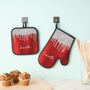 Set De Manoplas Brillo Plateado Destellante Rojo Glam Nombre