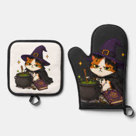 Set De Manoplas Bruja Gato Gruñón Halloween