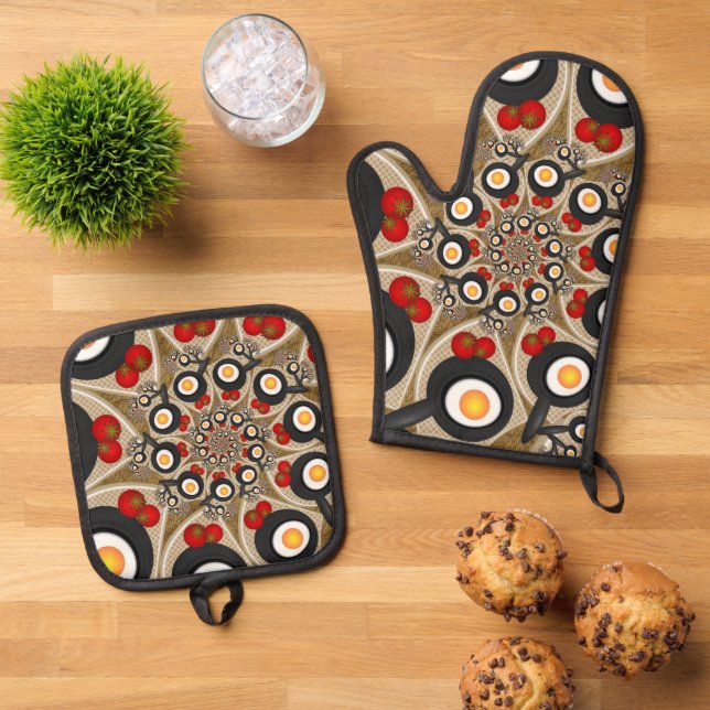 Set De Manoplas Brunch Fractal Art Comida divertida, Tomates, Huev (De arriba hacia abajo)