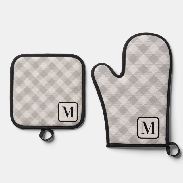 Set De Manoplas Búfalo gris plateado Plaid Gingham Monogramed (Anverso)