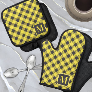 Set De Manoplas Buffalo gris amarillo Plaid Gingham Monograma Cute