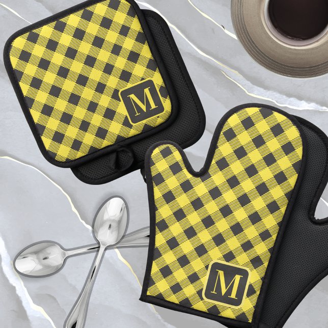 Set De Manoplas Buffalo gris amarillo Plaid Gingham Monograma Cute (Subido por el creador)