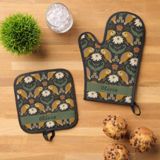 Set De Manoplas Búho y flores patrón y nombre arte popular de cott