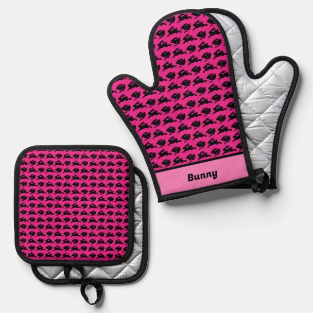 Set De Manoplas Bunnios negros sobre rosa personalizado (Anverso/Reverso)