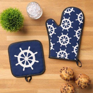 Set De Manoplas Buques Cocina en galera azul y blanco marineros