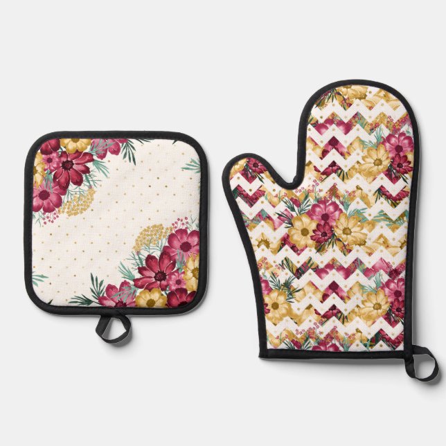 SET DE MANOPLAS BURGUNDA BLANCA ABSTRACTA Y FLORES AMARILLOS (Anverso)