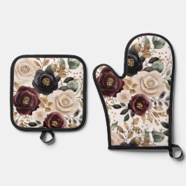 Set De Manoplas Burgundy Cream Black Floral