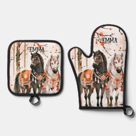 Set De Manoplas Caballos con nombre personalizado de bosque rojo