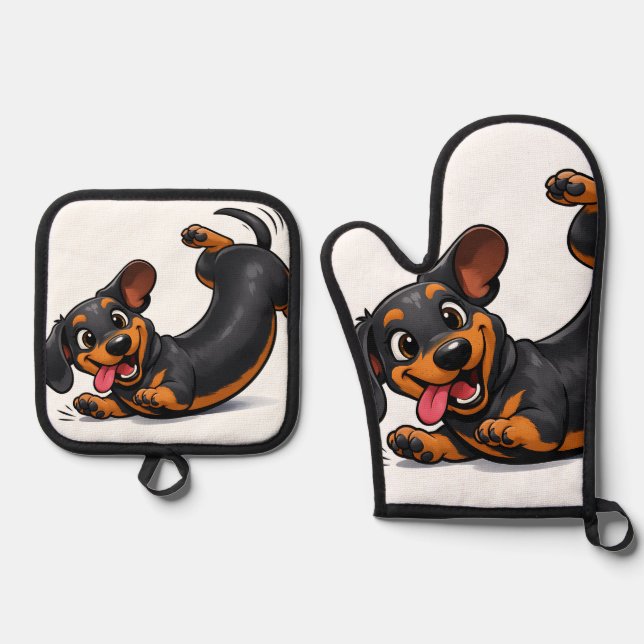 Set De Manoplas Cachorro juguetón de raza Dachshund  (Anverso)