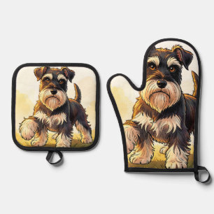 Set De Manoplas Cachorro Schnauzer sal y pimienta lindo 