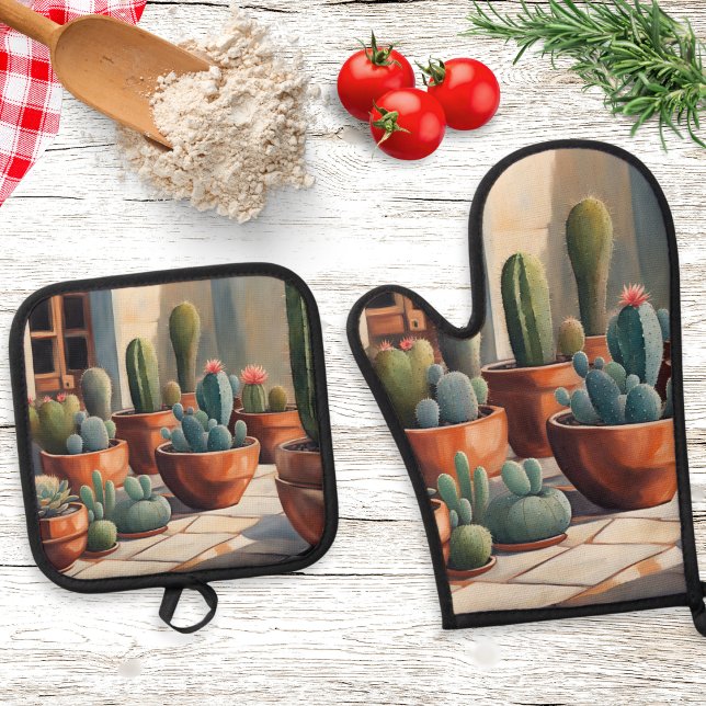 Set De Manoplas Cacti Suculent Plantas Cactus Botánico (An oven mitt and pot holder set with illustration of cactus plants in pots. Ideal for cacti lovers)