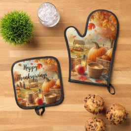 Set De Manoplas Calabazas de Acción de Gracias Hojas de Otoño 