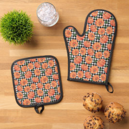 Set De Manoplas Calabazas de Otoño Cuadros Negros y Blancos Gingha