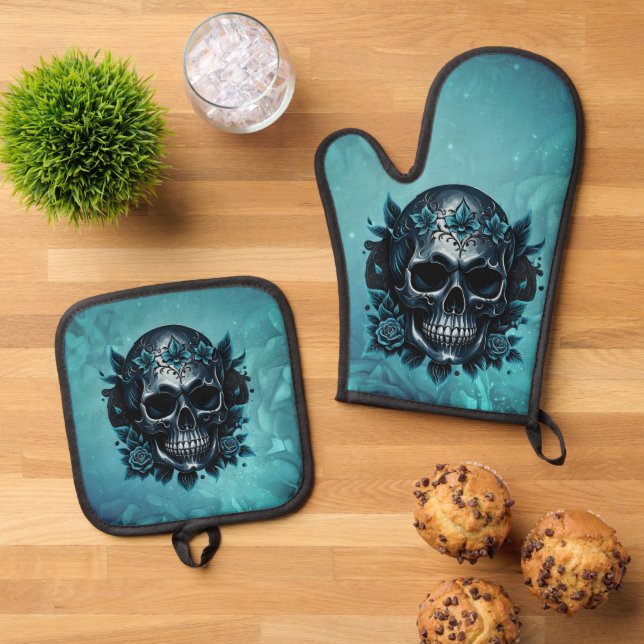 Set De Manoplas Calavera azul oscuro con rosas. (De arriba hacia abajo)