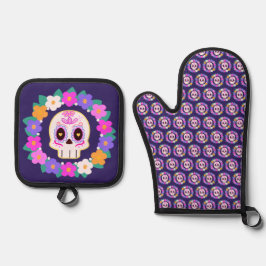 Set De Manoplas Calavera de azúcar floral