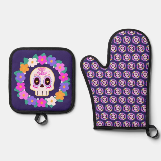 Set De Manoplas Calavera de azúcar floral (Anverso)