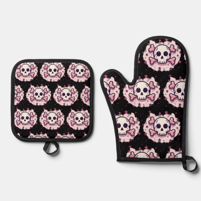 Set De Manoplas Calavera y Huesos Rosa Pastel (Anverso)