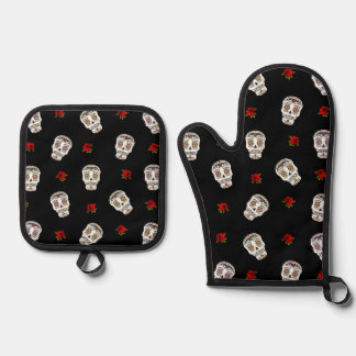 Set De Manoplas Calaveras Azucaradas Rosas De RAB Sobre Negro Rock