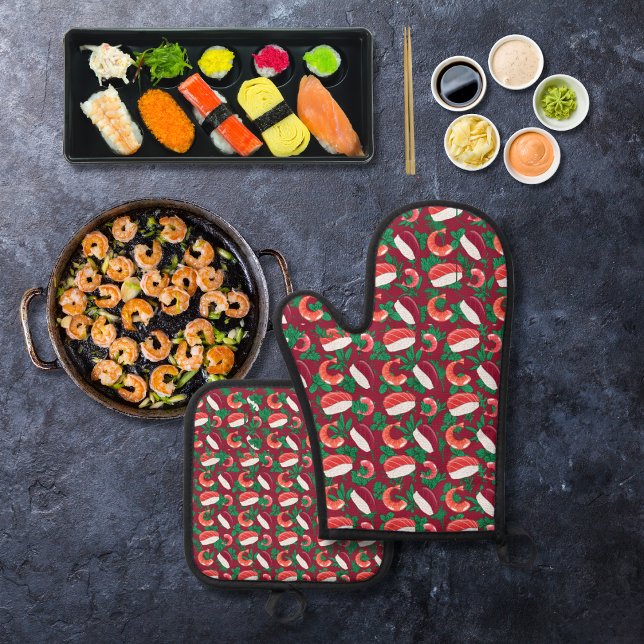 Set De Manoplas Camarón y sushi burgundy rojo (Subido por el creador)