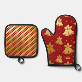 Set De Manoplas Campanas de Navidad Rojas y Doradas