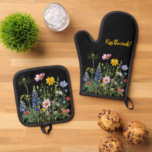 Set De Manoplas Campo de flores silvestres muy variado en negro