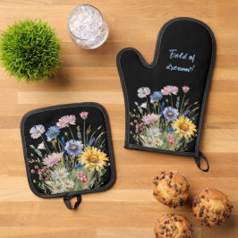 Set De Manoplas Campo de flores silvestres muy variado en negro