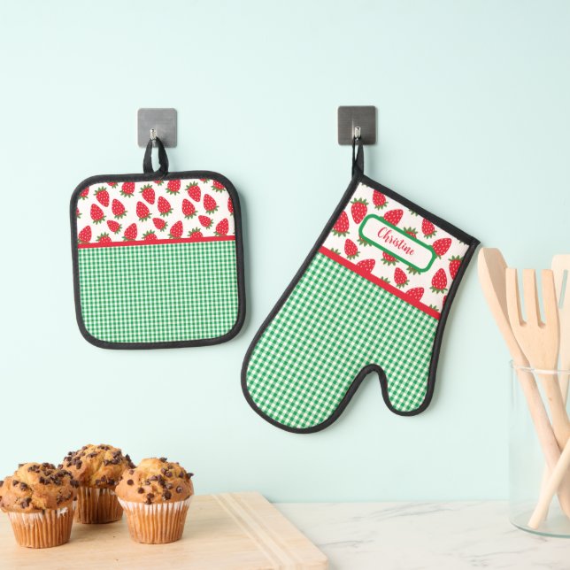 Set De Manoplas Campos de fresa y Green Gingham Check (Insitu (colgante))