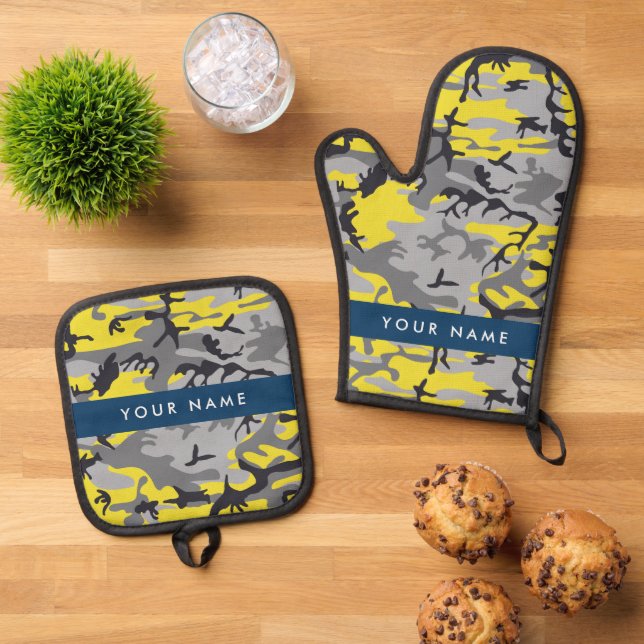 Set De Manoplas Camuflaje amarillo y gris Tu nombre personaliza (De arriba hacia abajo)