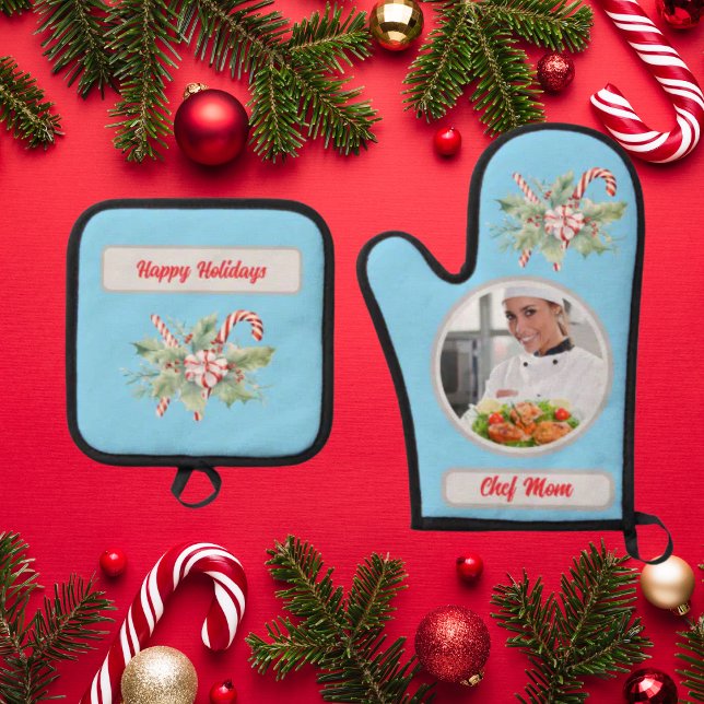 Set De Manoplas Candy Cane Personaliza Chef Mom Photo Navidades (Subido por el creador)