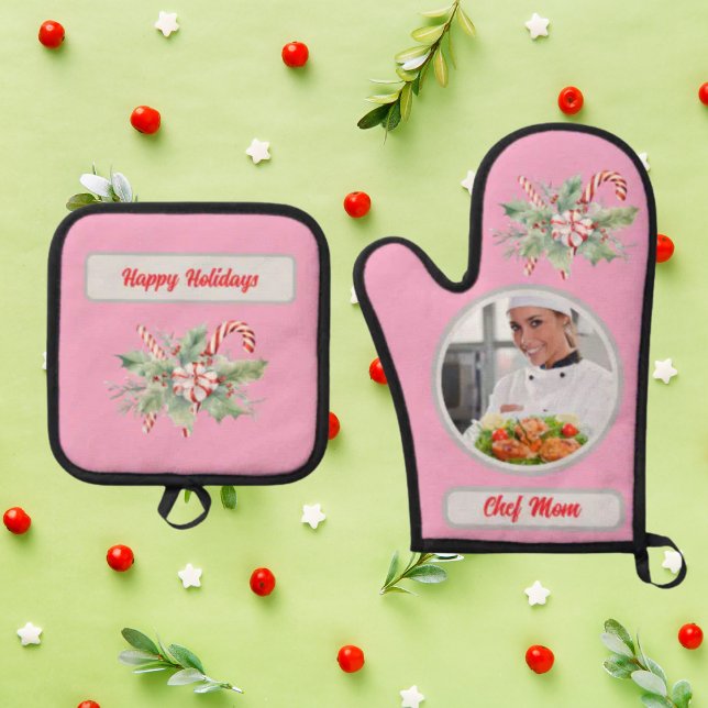 Set De Manoplas Candy Cane Personaliza Chef Mom Photo Navidades (Subido por el creador)