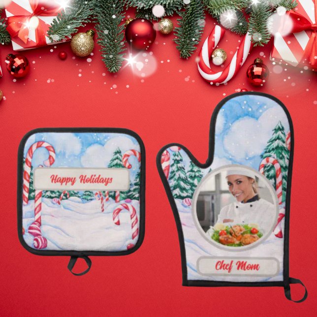 Set De Manoplas Candy Cane Personaliza Chef Mom Photo Navidades (Subido por el creador)
