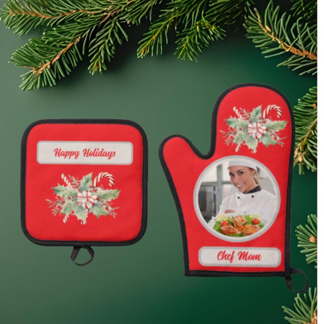 Set De Manoplas Candy Cane Personaliza Chef Mom Photo Navidades (Subido por el creador)